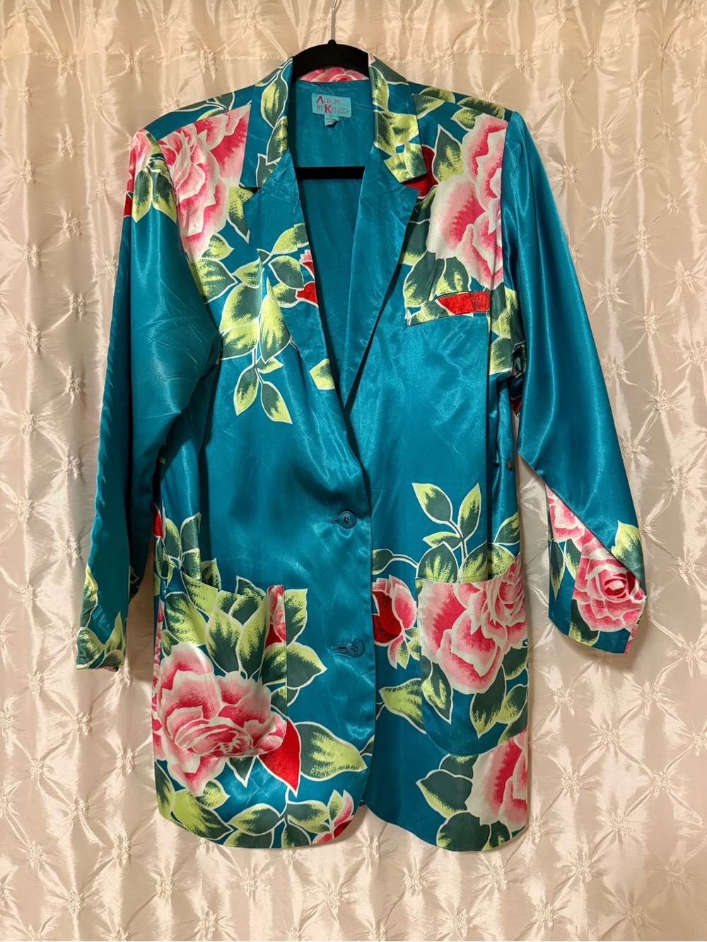 Vintage 1980s Album by Kenzo Satin Boyfriend Blazer Teal Pink Floral Rare Jacket